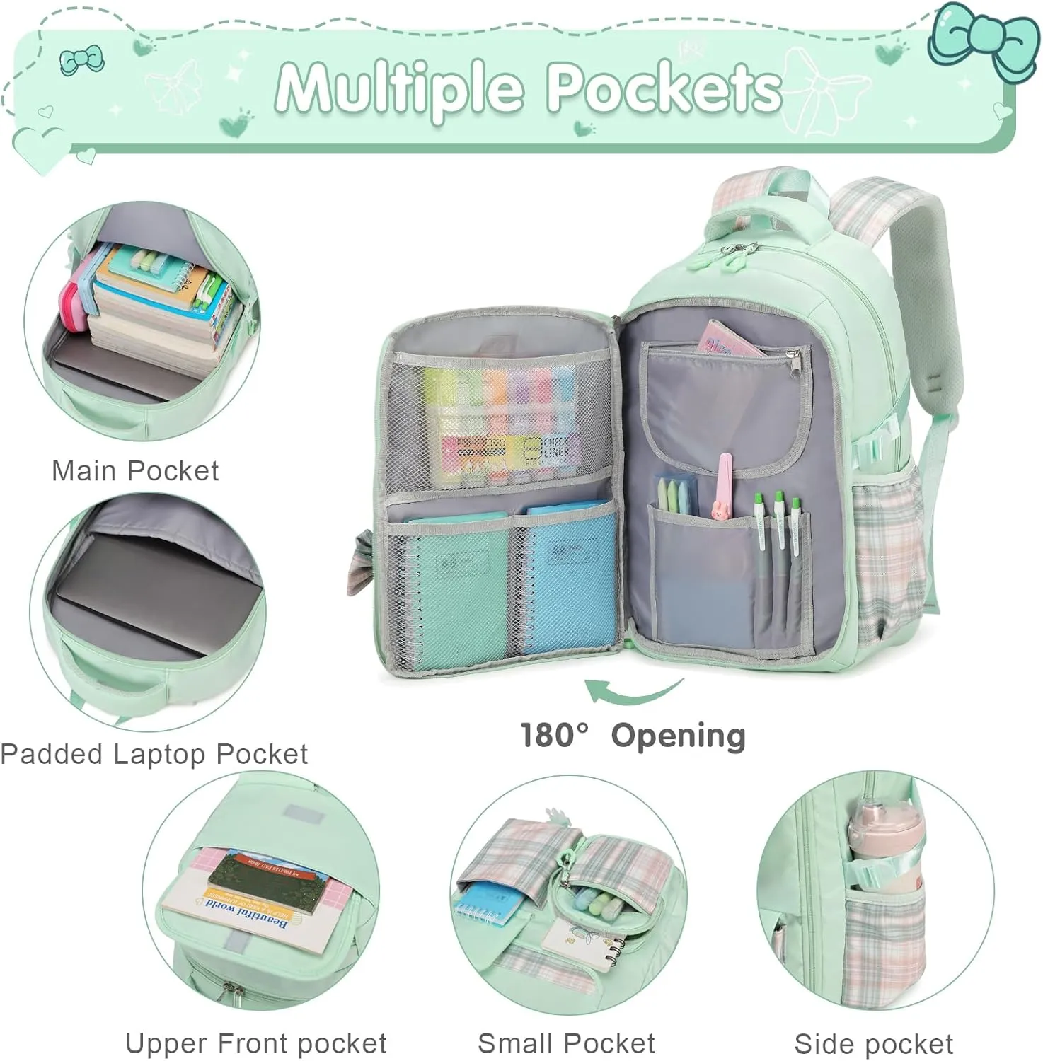 Girls Backpack - 3PCS Cute School Backpacks for Kindergarten to Middle School Kids with Lunch Box & Pencil Case Set (Green)