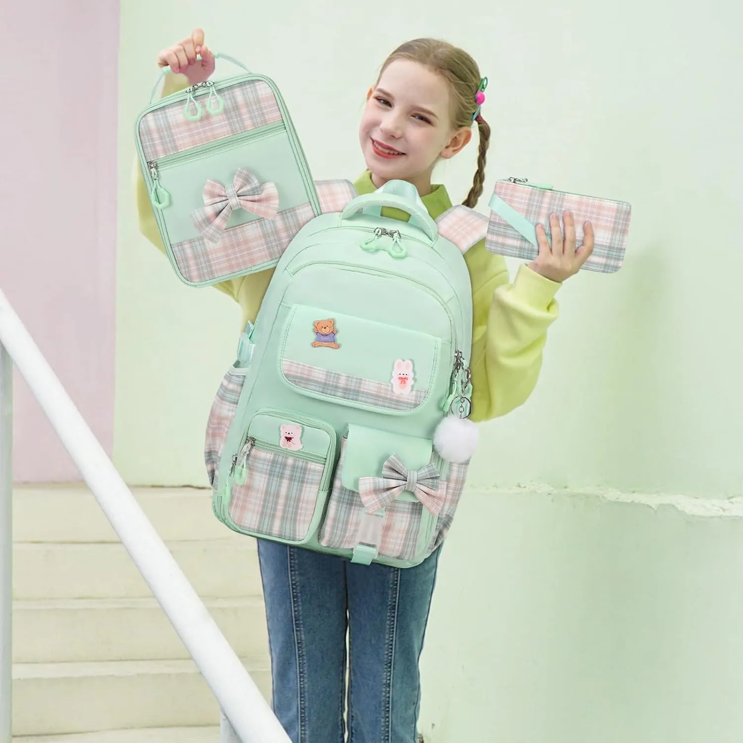 Girls Backpack - 3PCS Cute School Backpacks for Kindergarten to Middle School Kids with Lunch Box & Pencil Case Set (Green)