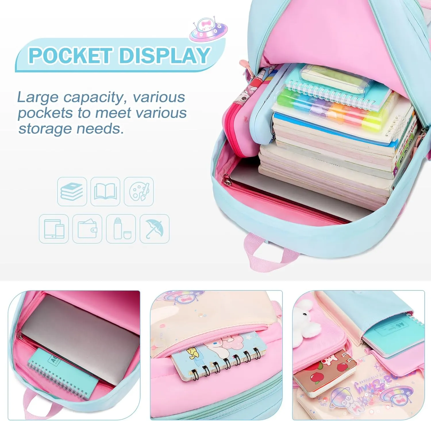 Girls Backpack Set, 3PCS Kids Backpack for Girls, Kawaii Bunny School Backpacks for Girl Kindergarten Elementary Preschool Middle School Bags with Lunch Box Pencil Case Aquamarine