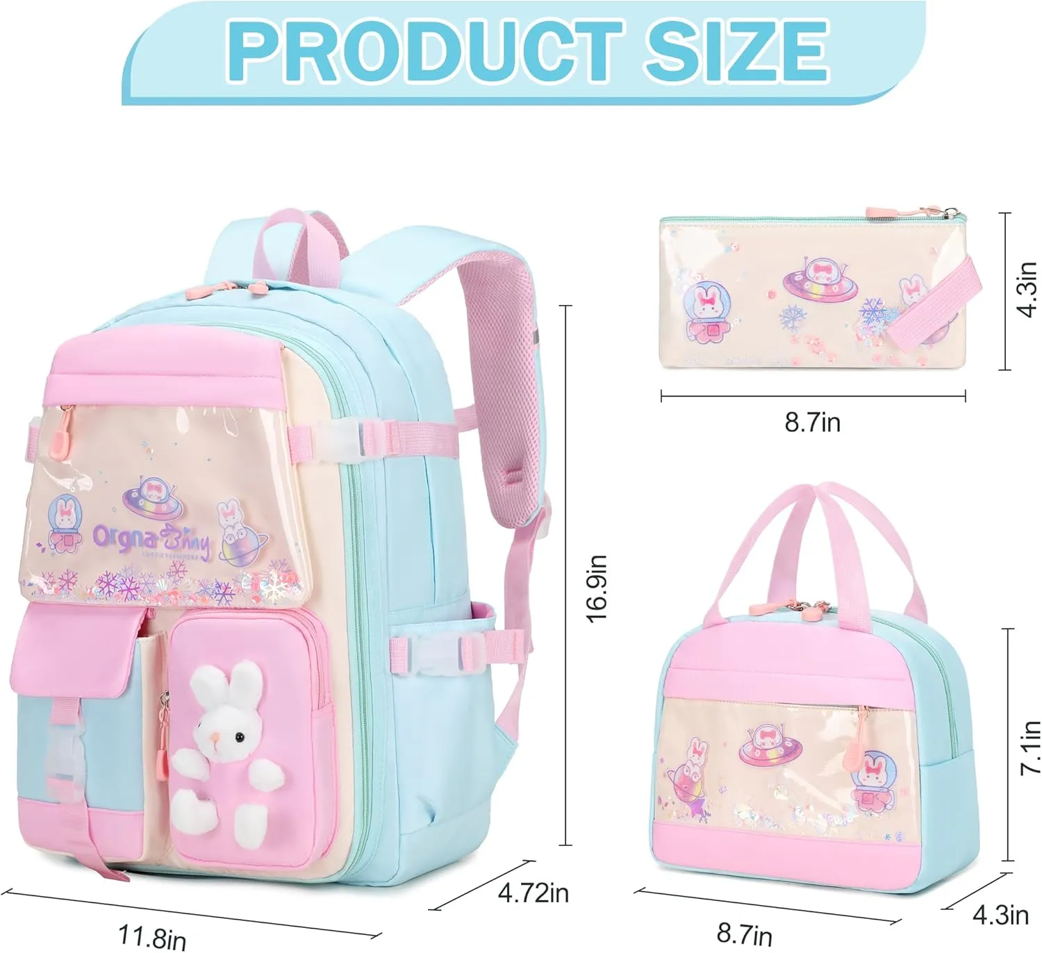 Girls Backpack Set, 3PCS Kids Backpack for Girls, Kawaii Bunny School Backpacks for Girl Kindergarten Elementary Preschool Middle School Bags with Lunch Box Pencil Case Aquamarine