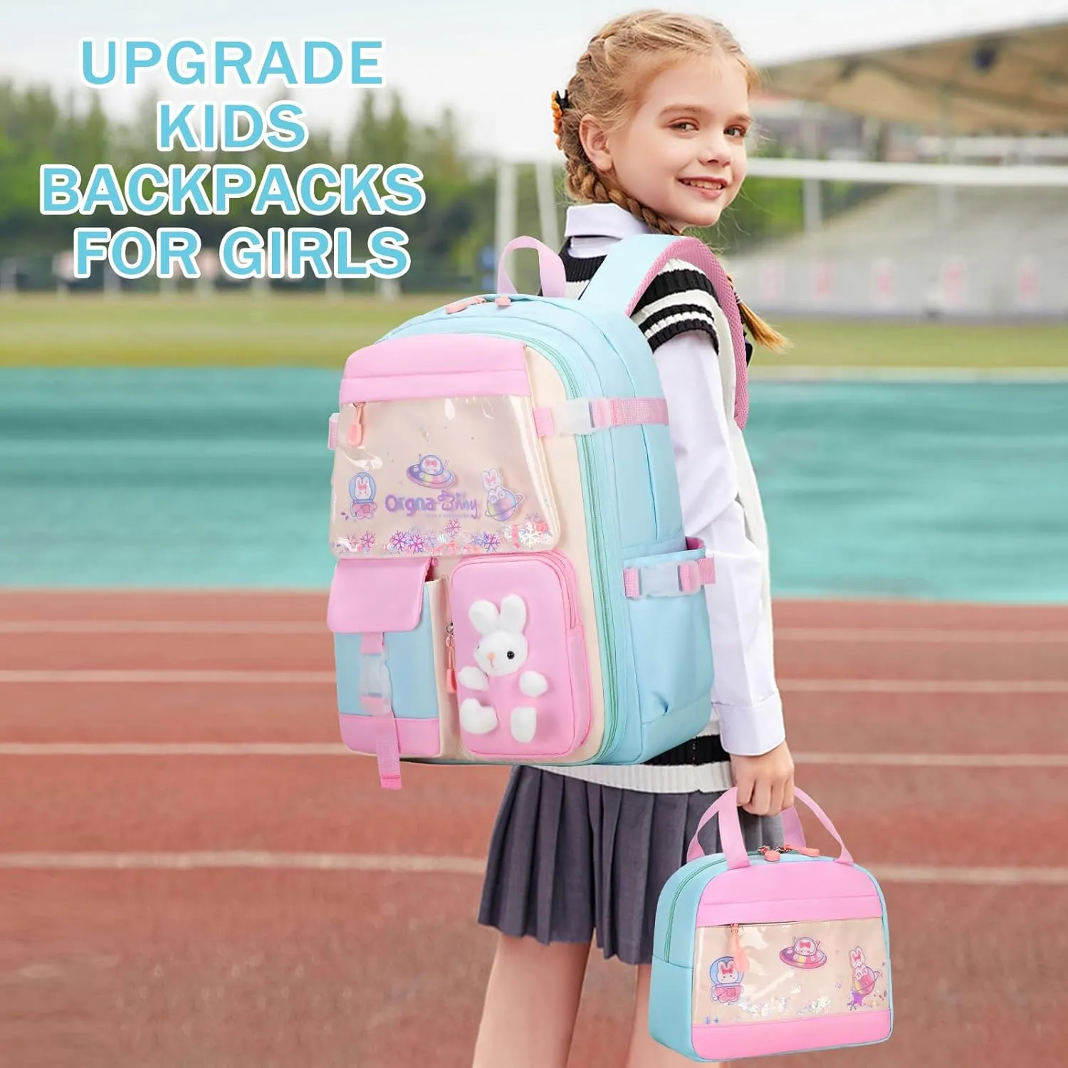Girls Backpack Set, 3PCS Kids Backpack for Girls, Kawaii Bunny School Backpacks for Girl Kindergarten Elementary Preschool Middle School Bags with Lunch Box Pencil Case Aquamarine
