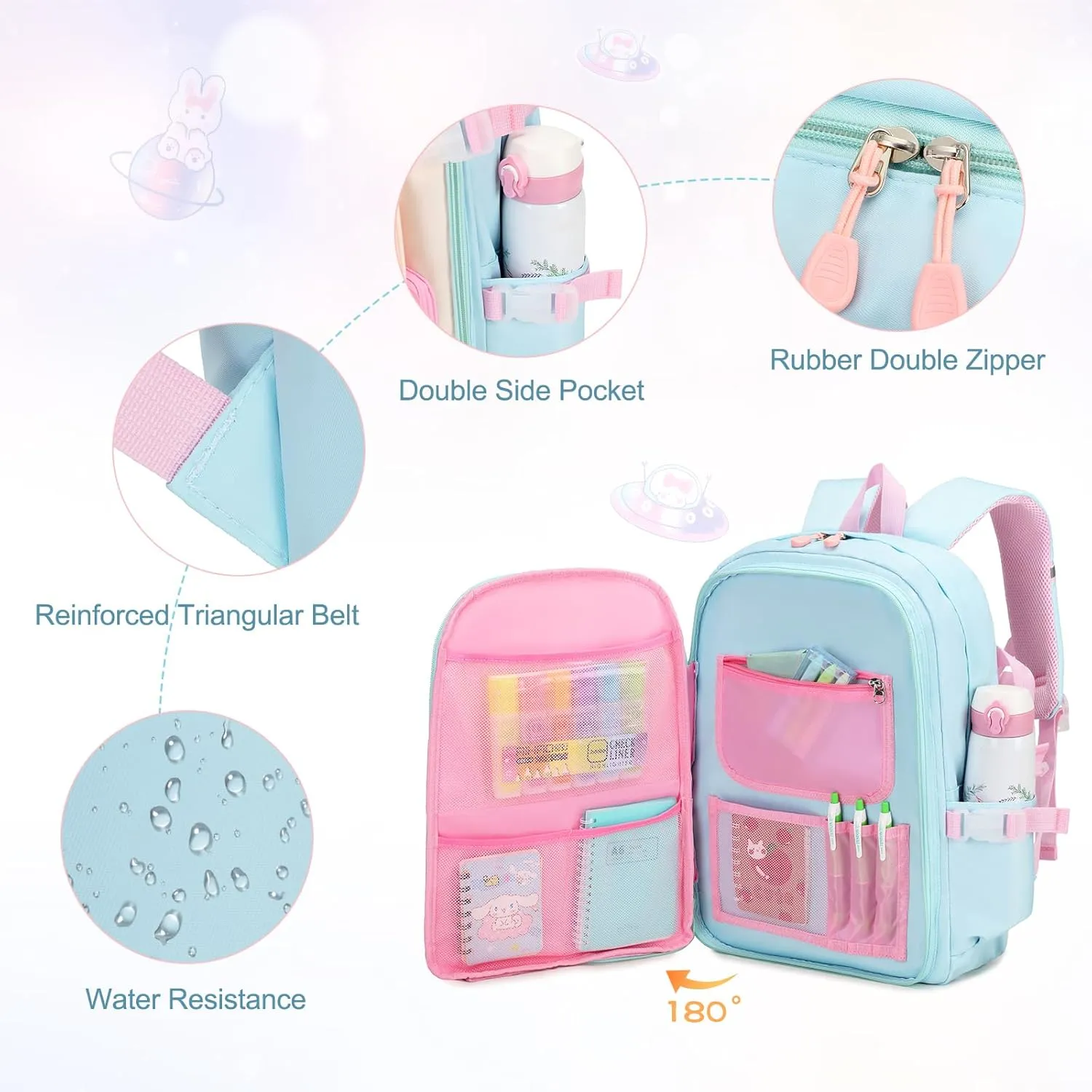 Girls Backpack Set, 3PCS Kids Backpack for Girls, Kawaii Bunny School Backpacks for Girl Kindergarten Elementary Preschool Middle School Bags with Lunch Box Pencil Case Aquamarine