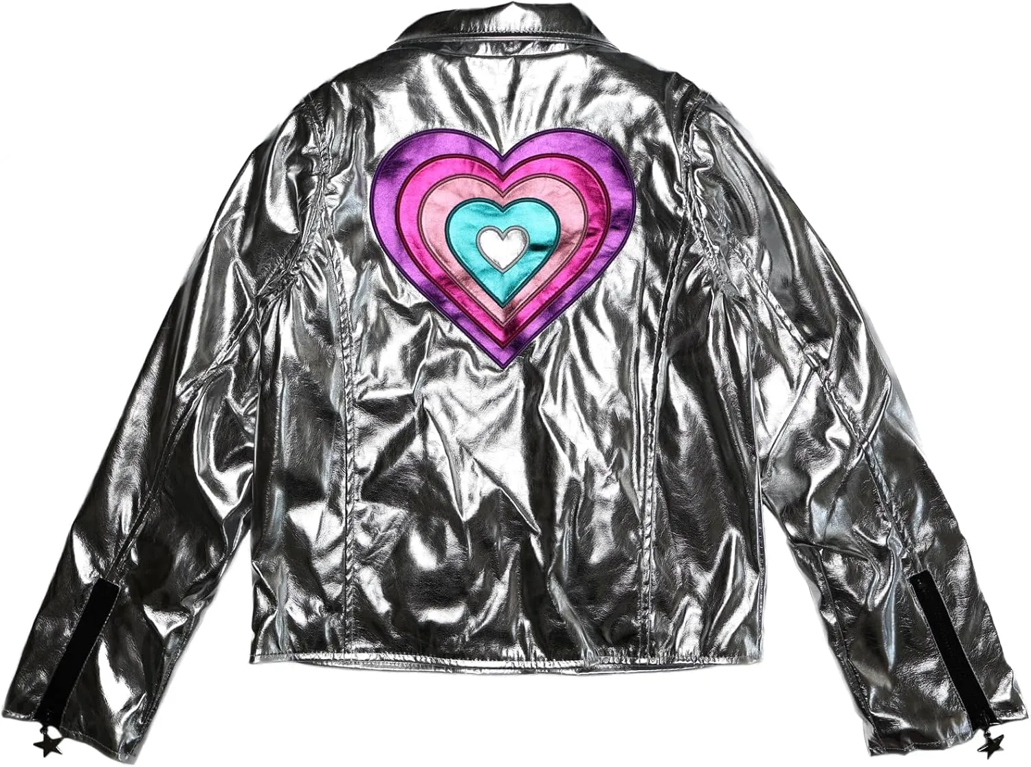 Girls Metallic Jacket, Silver/Pink Faux Leather Biker Jacket with Rainbow Heart Patch, Side Pockets
