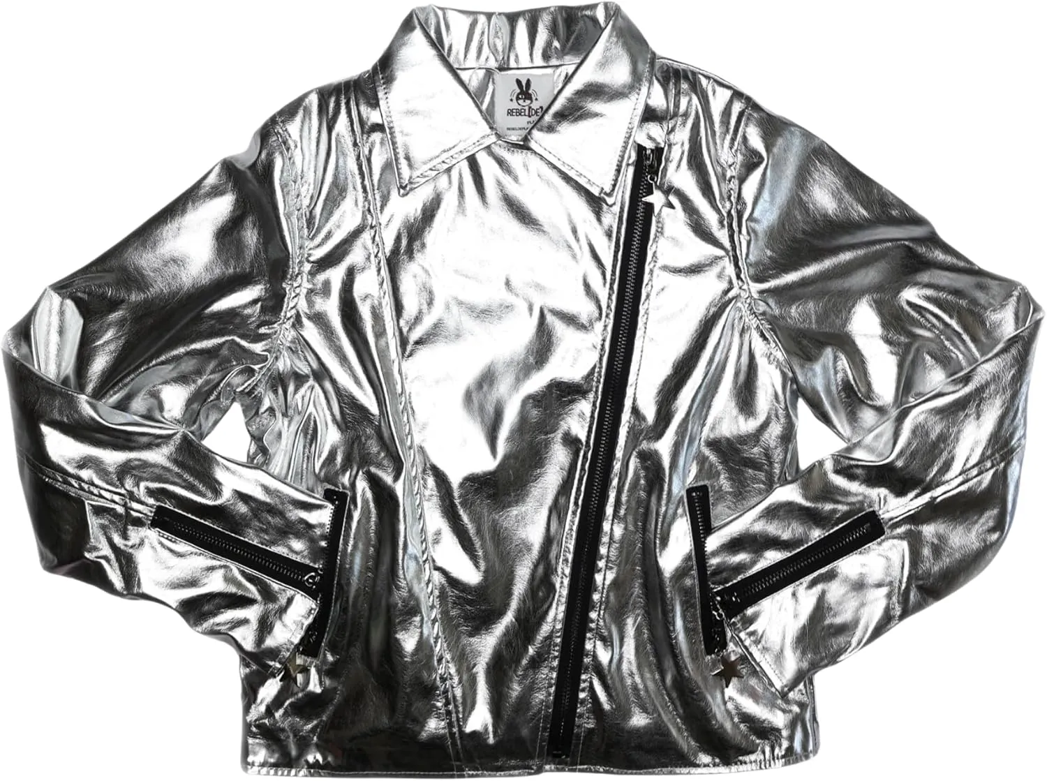 Girls Metallic Jacket, Silver/Pink Faux Leather Biker Jacket with Rainbow Heart Patch, Side Pockets