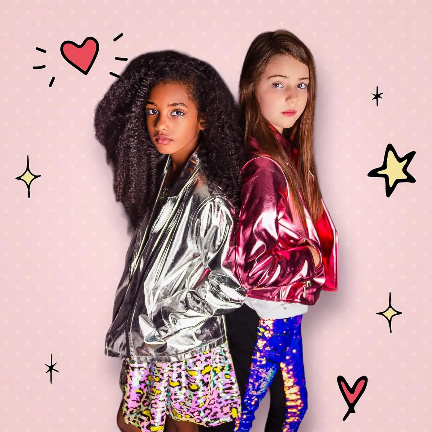 Girls Metallic Jacket, Silver/Pink Faux Leather Biker Jacket with Rainbow Heart Patch, Side Pockets