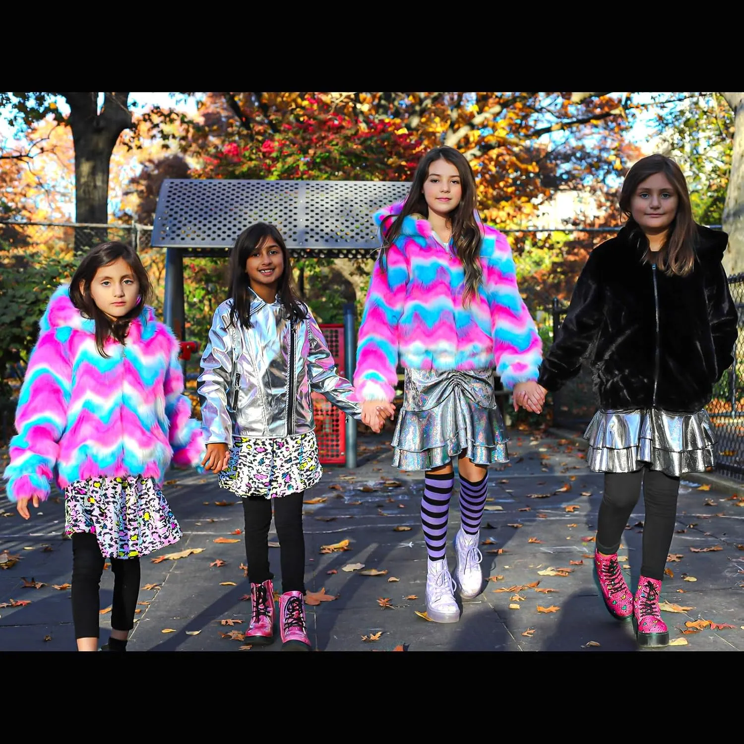 Girls Metallic Jacket, Silver/Pink Faux Leather Biker Jacket with Rainbow Heart Patch, Side Pockets