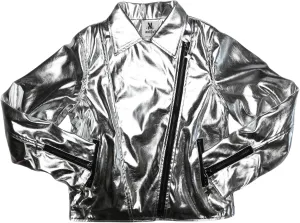 Girls Metallic Jacket, Silver/Pink Faux Leather Biker Jacket with Rainbow Heart Patch, Side Pockets
