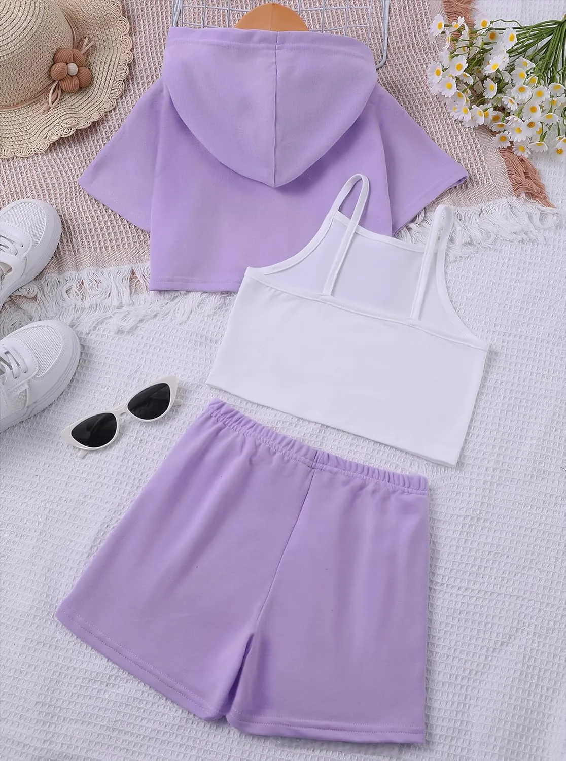 Girl's Summer 3 Piece Outfits Graphic Crop Top and Camisole with Shorts Set