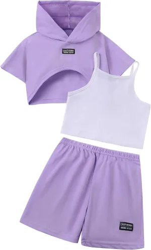 Girl's Summer 3 Piece Outfits Graphic Crop Top and Camisole with Shorts Set