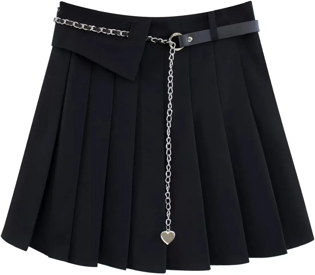 Gothic Fashion Womens Mini Skirt Casual Y2K High Waist A-Line Cute Heart Belt Pleated Skirt