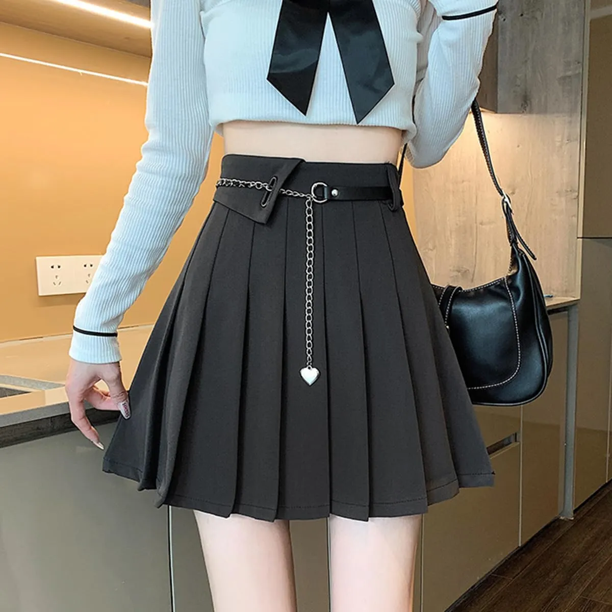 Gothic Fashion Womens Mini Skirt Casual Y2K High Waist A-Line Cute Heart Belt Pleated Skirt