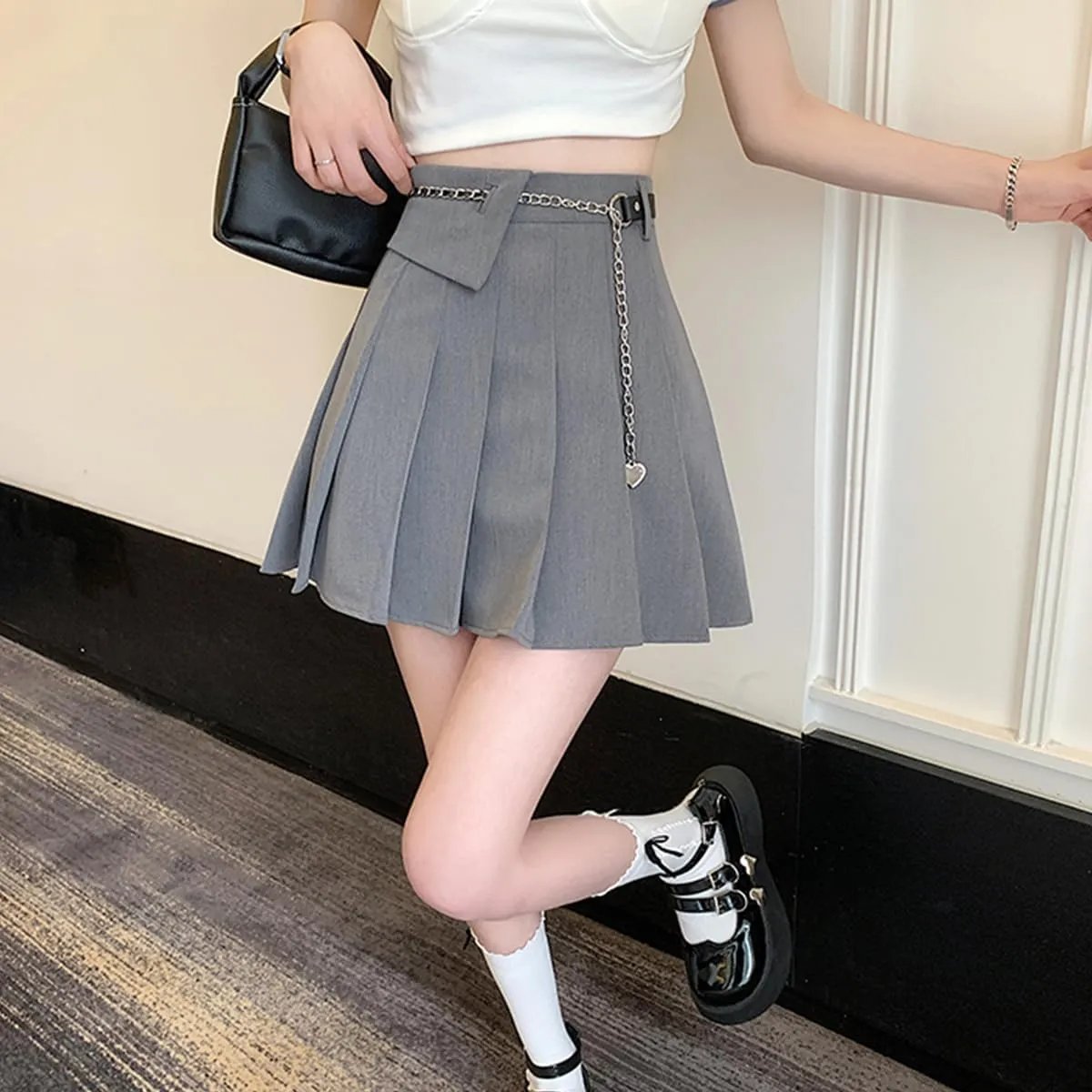 Gothic Fashion Womens Mini Skirt Casual Y2K High Waist A-Line Cute Heart Belt Pleated Skirt