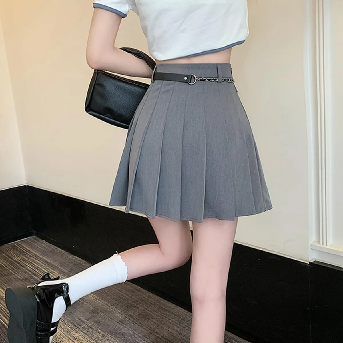 Gothic Fashion Womens Mini Skirt Casual Y2K High Waist A-Line Cute Heart Belt Pleated Skirt