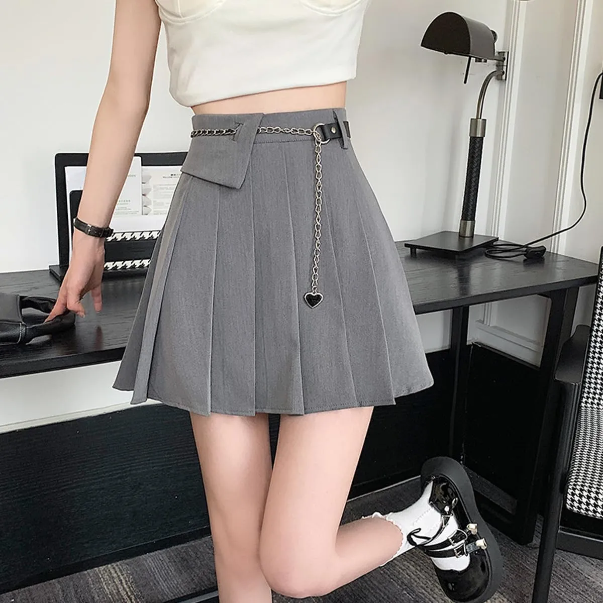 Gothic Fashion Womens Mini Skirt Casual Y2K High Waist A-Line Cute Heart Belt Pleated Skirt