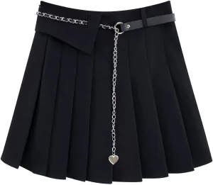 Gothic Fashion Womens Mini Skirt Casual Y2K High Waist A-Line Cute Heart Belt Pleated Skirt