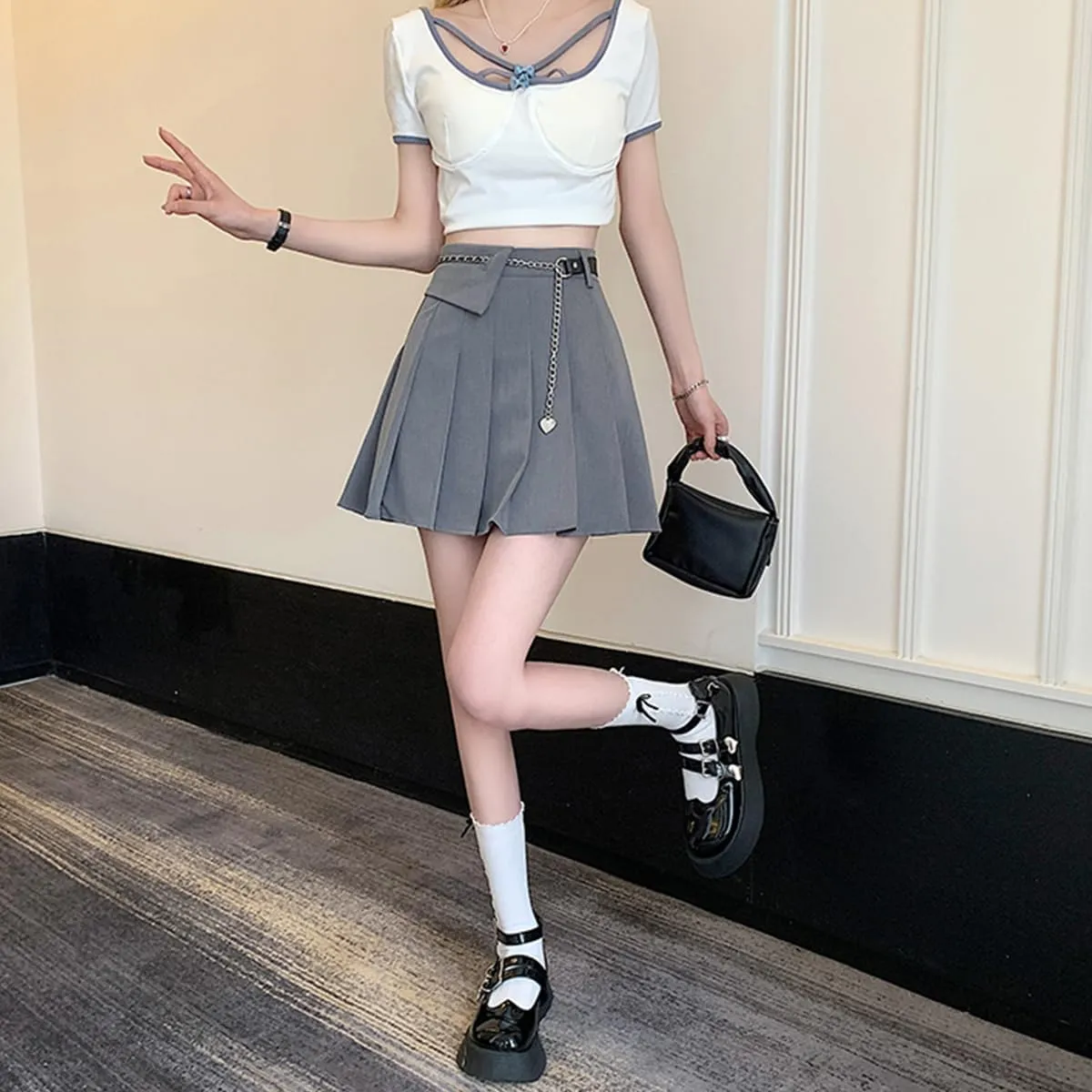 Gothic Fashion Womens Mini Skirt Casual Y2K High Waist A-Line Cute Heart Belt Pleated Skirt