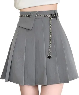 Gothic Fashion Womens Mini Skirt Casual Y2K High Waist A-Line Cute Heart Belt Pleated Skirt