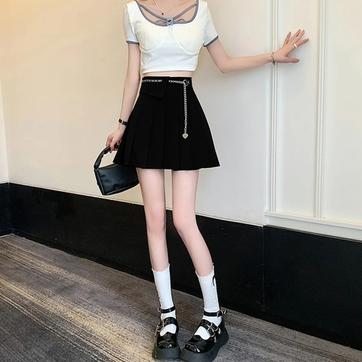 Gothic Fashion Womens Mini Skirt Casual Y2K High Waist A-Line Cute Heart Belt Pleated Skirt