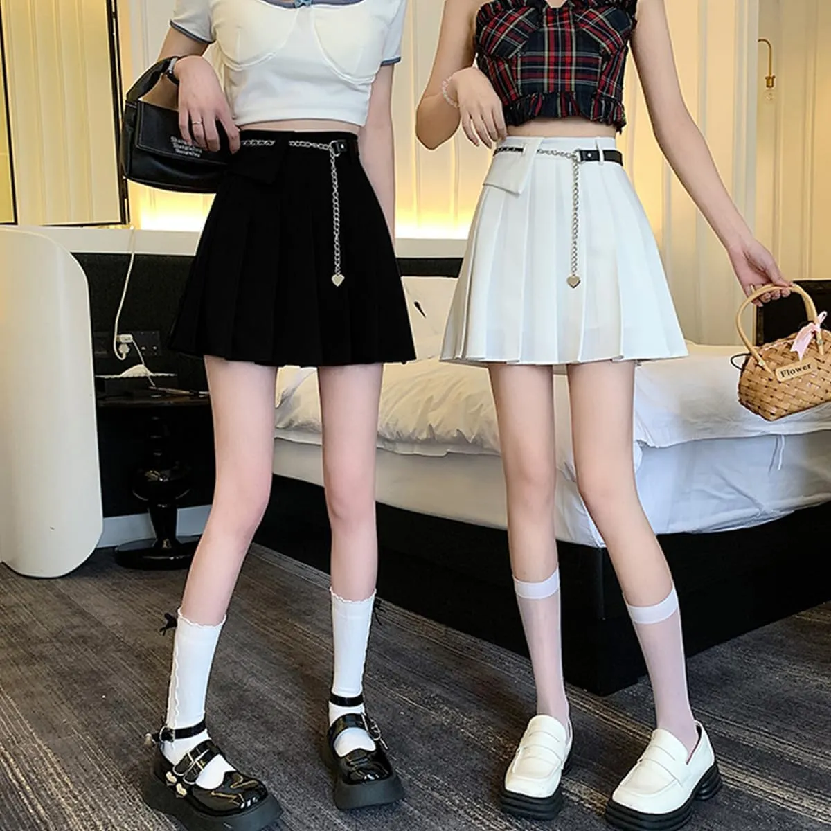 Gothic Fashion Womens Mini Skirt Casual Y2K High Waist A-Line Cute Heart Belt Pleated Skirt