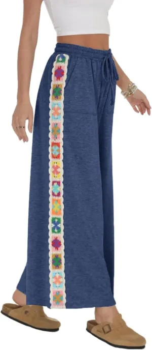 Haellun Womens Casual Comfy Pants High Waist Boho Wide Leg Cropped Palazzo Crochet Beach Pants with Pockets