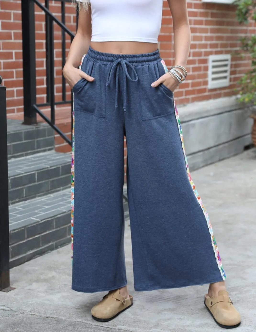 Haellun Womens Casual Comfy Pants High Waist Boho Wide Leg Cropped Palazzo Crochet Beach Pants with Pockets