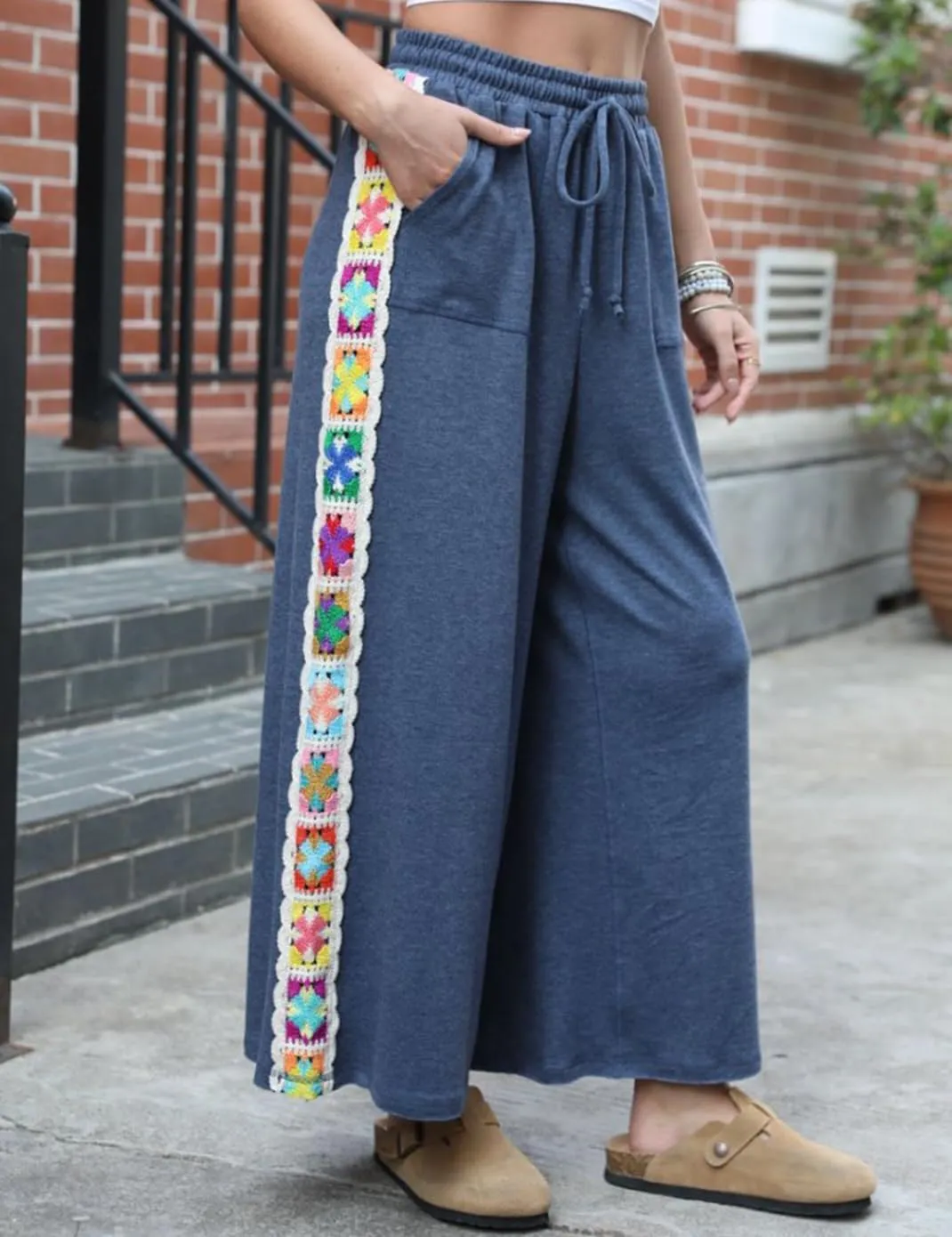 Haellun Womens Casual Comfy Pants High Waist Boho Wide Leg Cropped Palazzo Crochet Beach Pants with Pockets