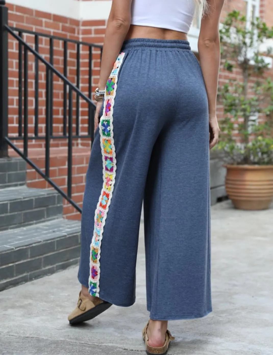 Haellun Womens Casual Comfy Pants High Waist Boho Wide Leg Cropped Palazzo Crochet Beach Pants with Pockets