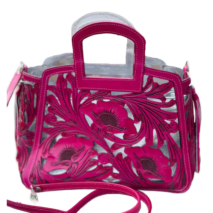 Hand tooled Cut-Out Tooling Leather Small Tote "NOTA FLORAL" by ALLE