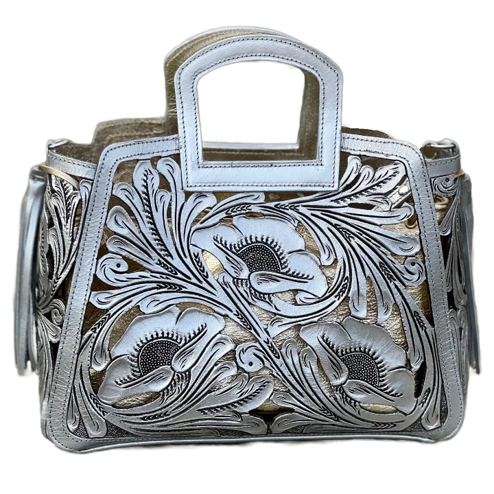 Hand tooled Cut-Out Tooling Leather Small Tote "NOTA FLORAL" by ALLE