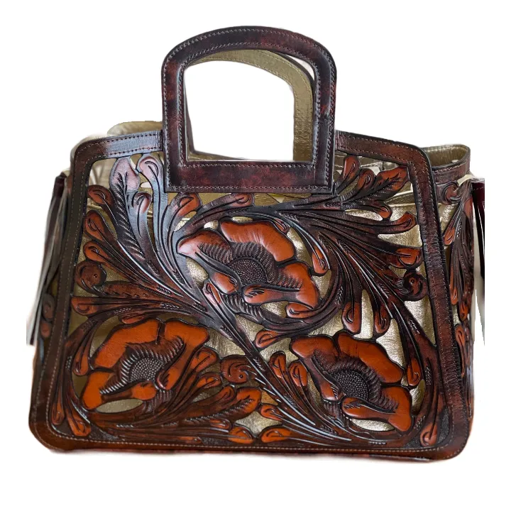 Hand tooled Cut-Out Tooling Leather Small Tote "NOTA FLORAL" by ALLE