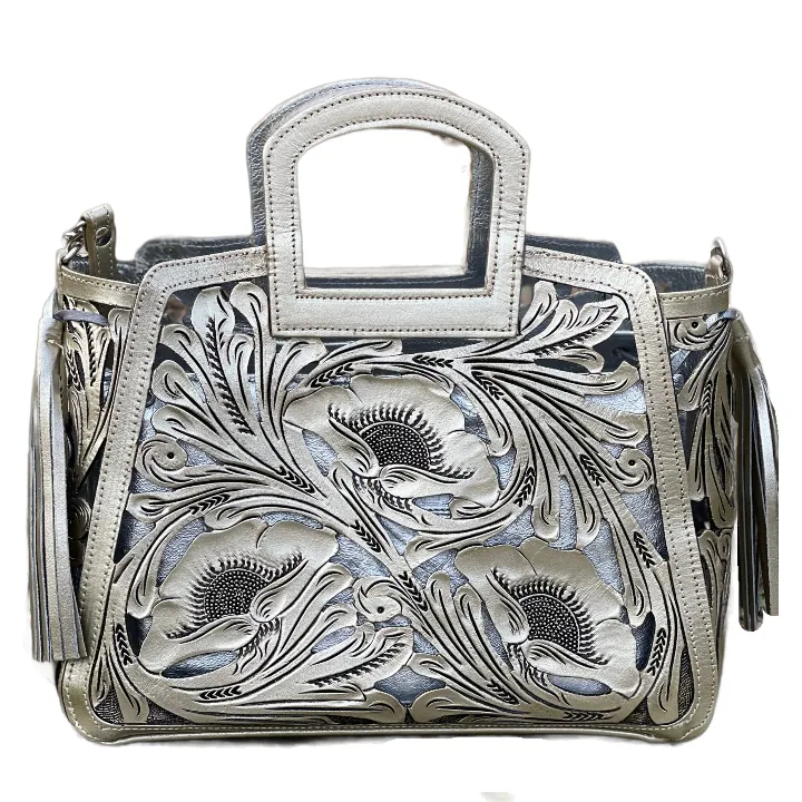 Hand tooled Cut-Out Tooling Leather Small Tote "NOTA FLORAL" by ALLE