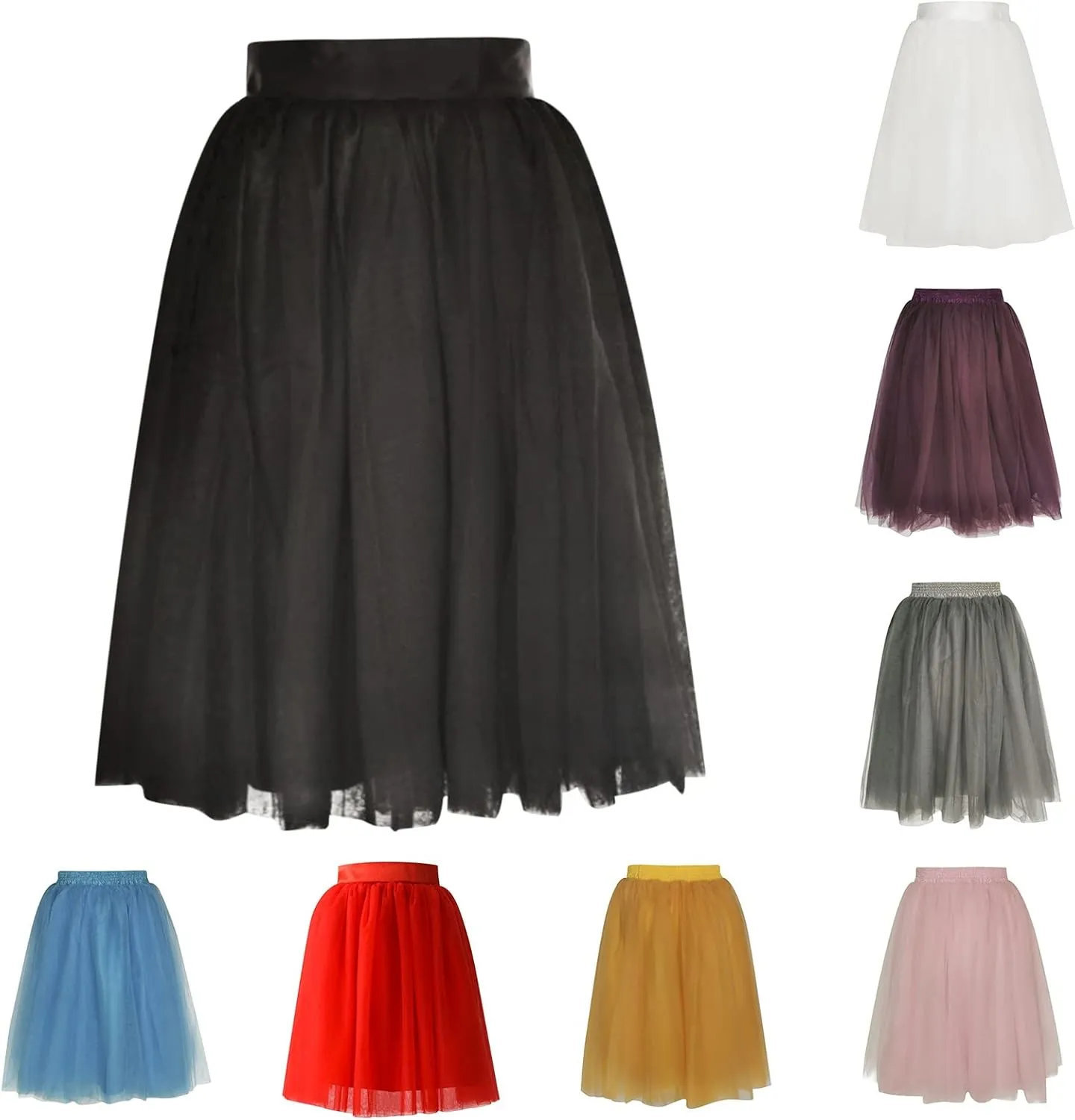 HGps8w Women's A-Line Pleated Tulle Midi Skirt Elegant Multilayer Elastic Waist Mesh Lace Tulle Tutu Daily Dance Skirts