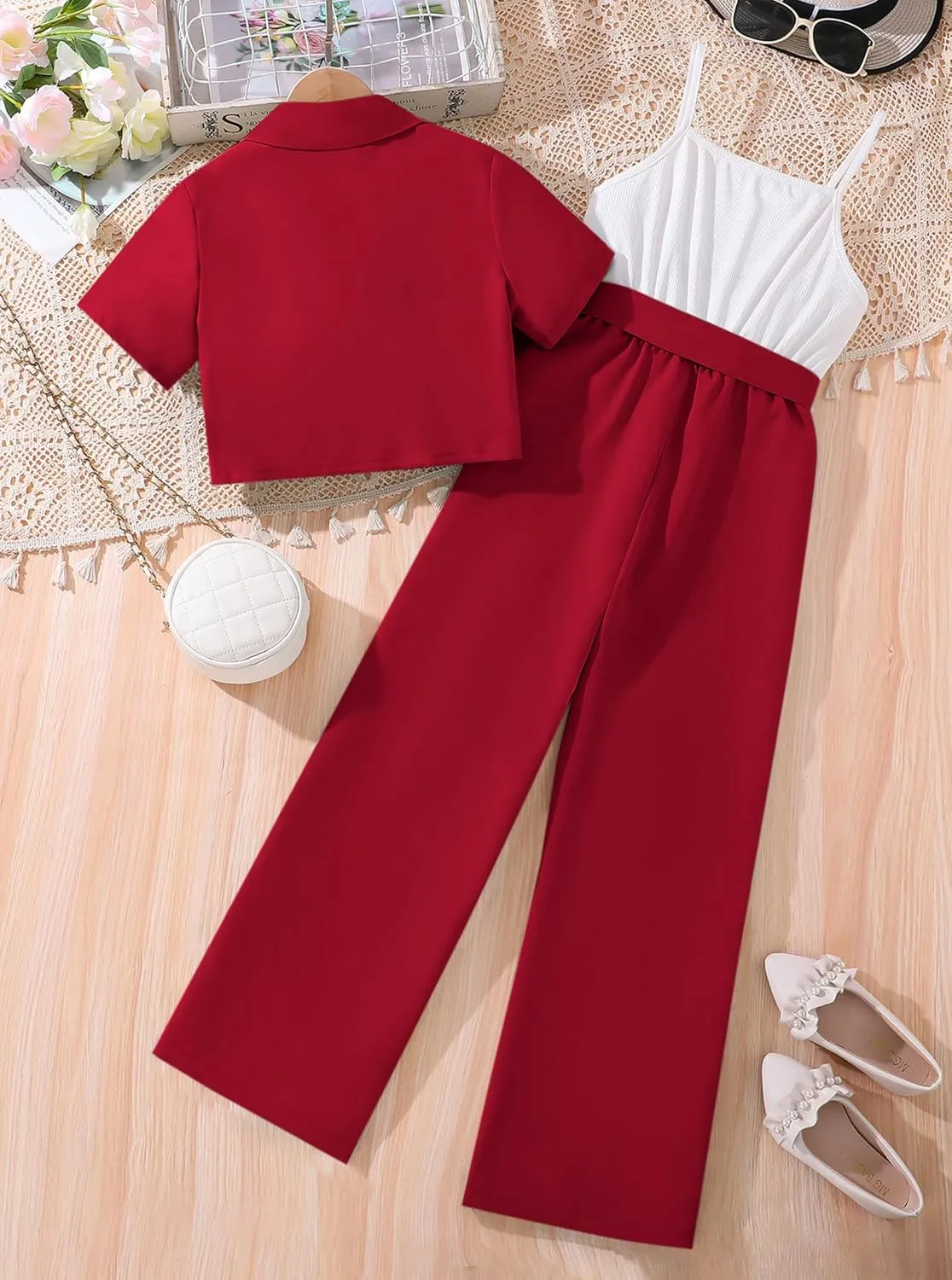 Hilinker Girl's 2 Piece Outfits Short Sleeve Blazer and Belted Sleeveless Jumpsuit Sets