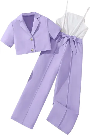 Hilinker Girl's 2 Piece Outfits Short Sleeve Blazer and Belted Sleeveless Jumpsuit Sets
