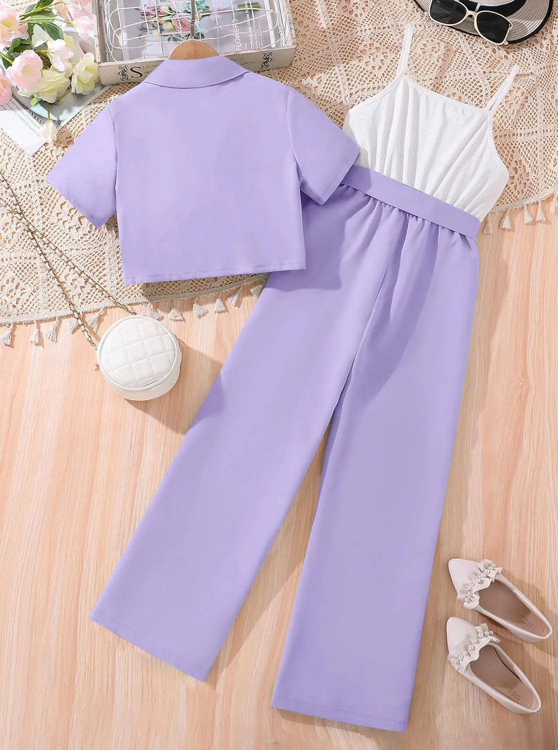 Hilinker Girl's 2 Piece Outfits Short Sleeve Blazer and Belted Sleeveless Jumpsuit Sets