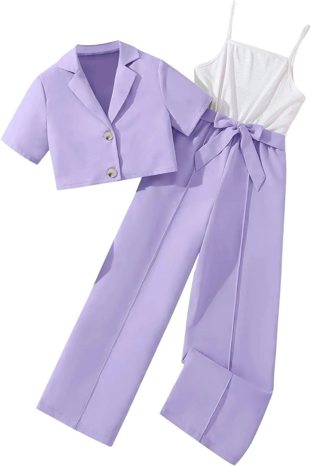 Hilinker Girl's 2 Piece Outfits Short Sleeve Blazer and Belted Sleeveless Jumpsuit Sets