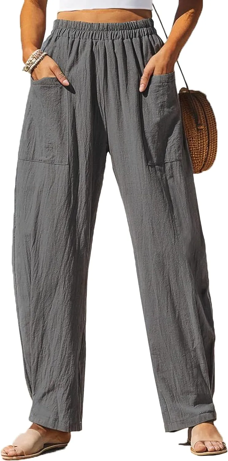 HVEPUO Womens Elastic High Waist Summer Wide Leg Pants Baggy Cotton Casual Palazzo Trousers Pull On Barrel Pants with Pockets