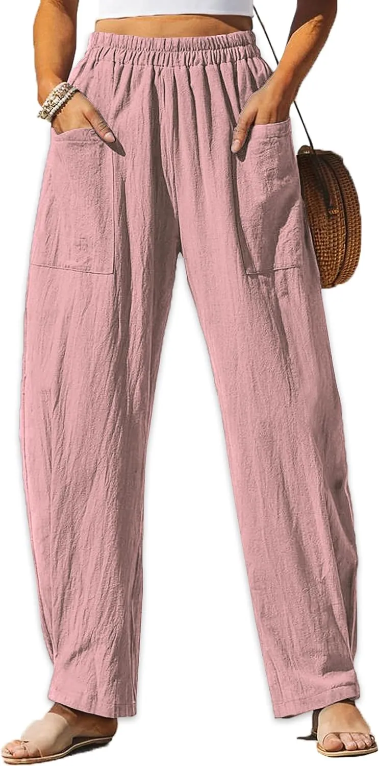 HVEPUO Womens Elastic High Waist Summer Wide Leg Pants Baggy Cotton Casual Palazzo Trousers Pull On Barrel Pants with Pockets