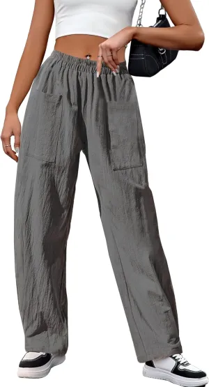 HVEPUO Womens Elastic High Waist Summer Wide Leg Pants Baggy Cotton Casual Palazzo Trousers Pull On Barrel Pants with Pockets