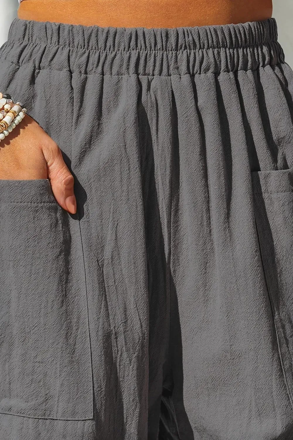 HVEPUO Womens Elastic High Waist Summer Wide Leg Pants Baggy Cotton Casual Palazzo Trousers Pull On Barrel Pants with Pockets