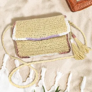 iLLASPARKZ Double Tassel Pointed Color Block Straw Crossbody Bag