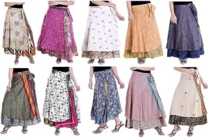 Indian Vintage Sari Silk Wrap Skirt, a Stunning Piece That effortlessly Blends Bohemian Charm with Rich Cultural Heritage Pack of-10 pcs