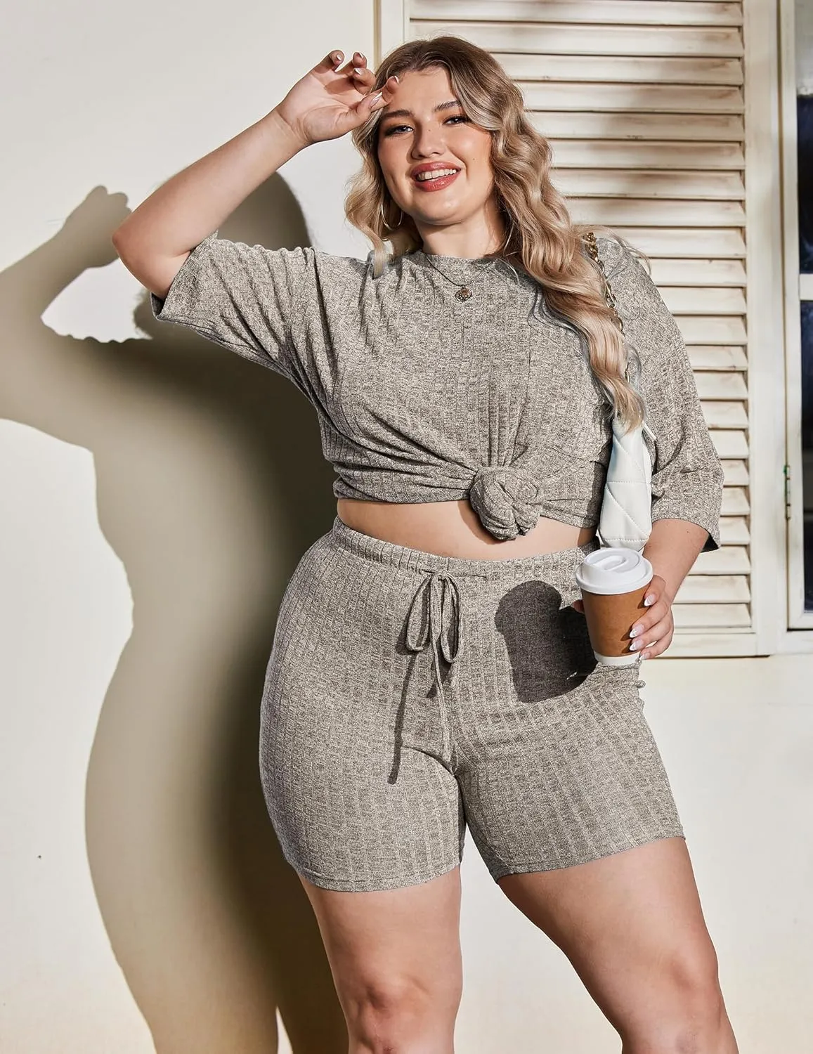 IN'VOLAND Women's Plus Size 2 Piece Tracksuit Outfits Sets Ribbed Knit Sets Short Sleeve Top Drawstring Casual Shorts Set