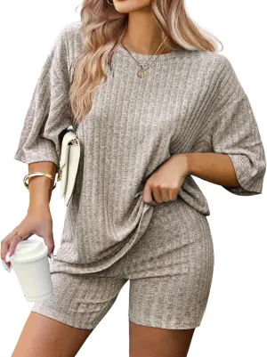 IN'VOLAND Women's Plus Size 2 Piece Tracksuit Outfits Sets Ribbed Knit Sets Short Sleeve Top Drawstring Casual Shorts Set