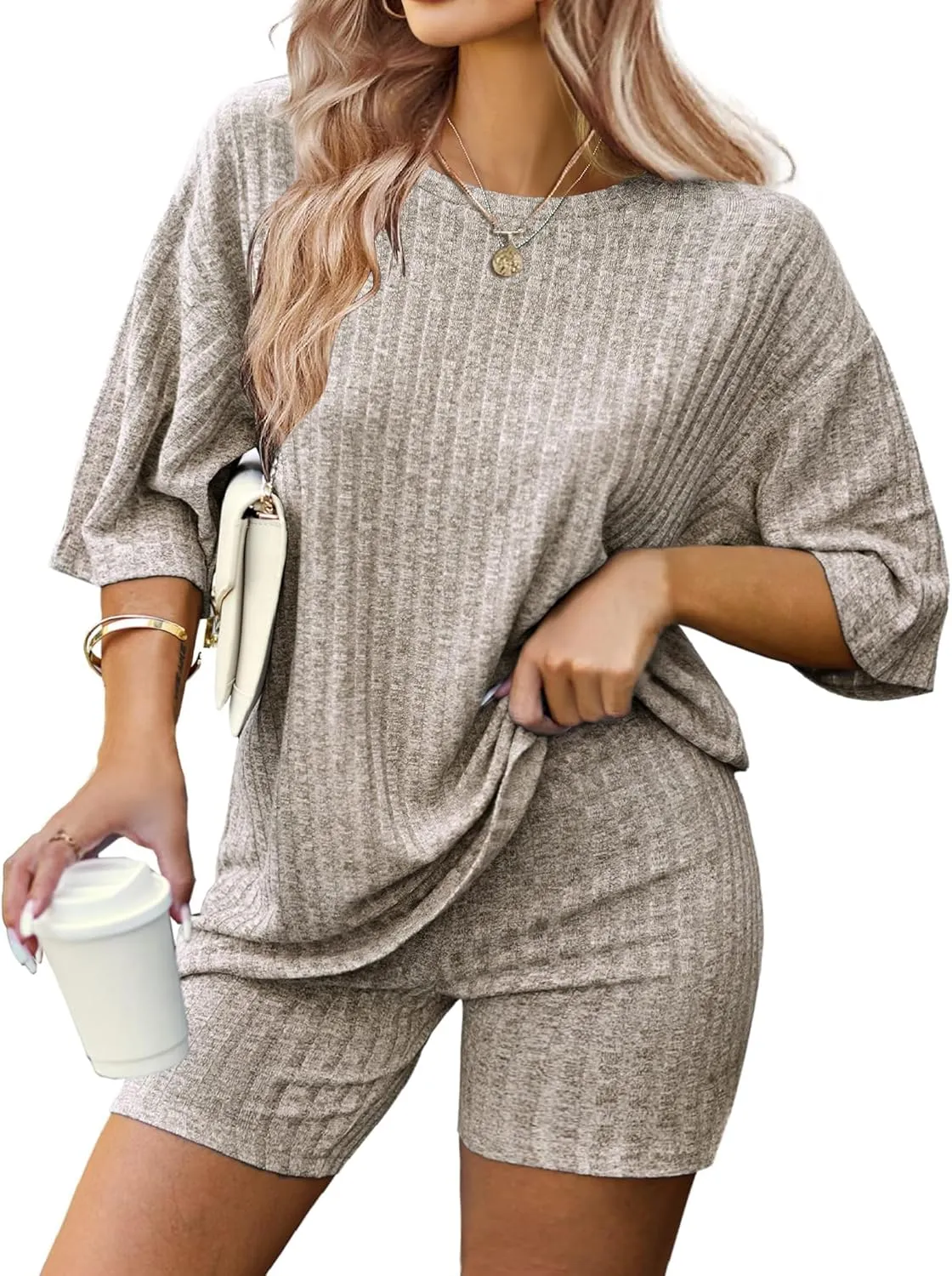 IN'VOLAND Women's Plus Size 2 Piece Tracksuit Outfits Sets Ribbed Knit Sets Short Sleeve Top Drawstring Casual Shorts Set