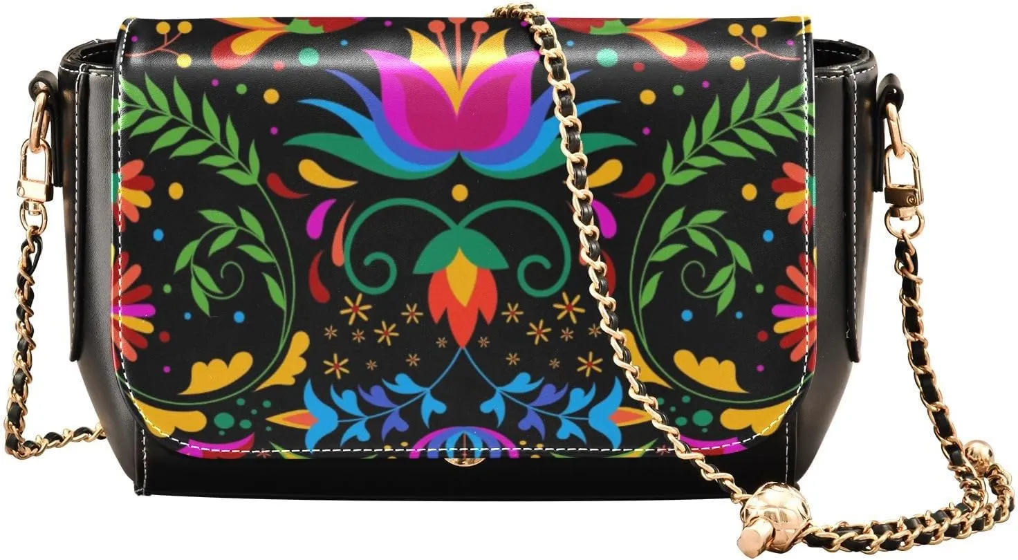 Kigai Mexican Floral Crossbody Bags for Women Retro Cross Body Purse Small PU Leather Shoulder Handbags with Chain Strap