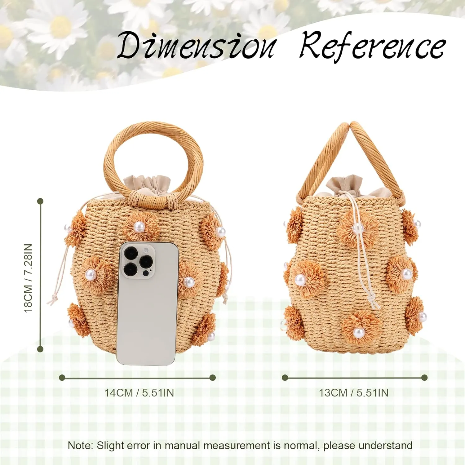 Lanpet Straw Beach Bag for Women Summer Drawstring Woven Tote Bag Flower Pearls Bucket Handbags
