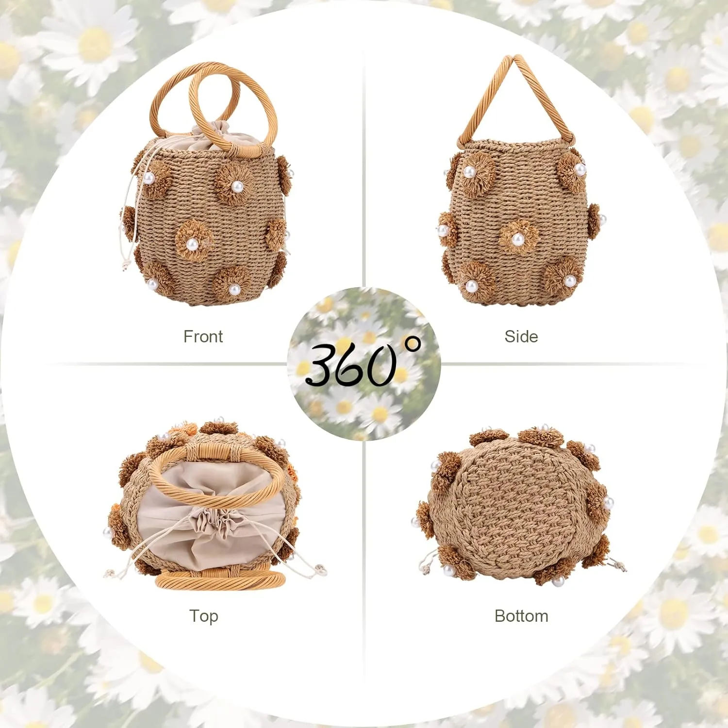 Lanpet Straw Beach Bag for Women Summer Drawstring Woven Tote Bag Flower Pearls Bucket Handbags