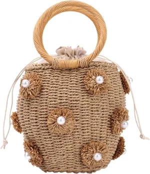 Lanpet Straw Beach Bag for Women Summer Drawstring Woven Tote Bag Flower Pearls Bucket Handbags