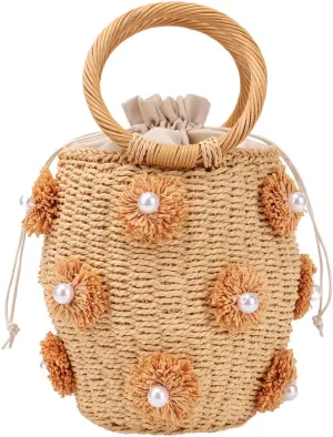 Lanpet Straw Beach Bag for Women Summer Drawstring Woven Tote Bag Flower Pearls Bucket Handbags
